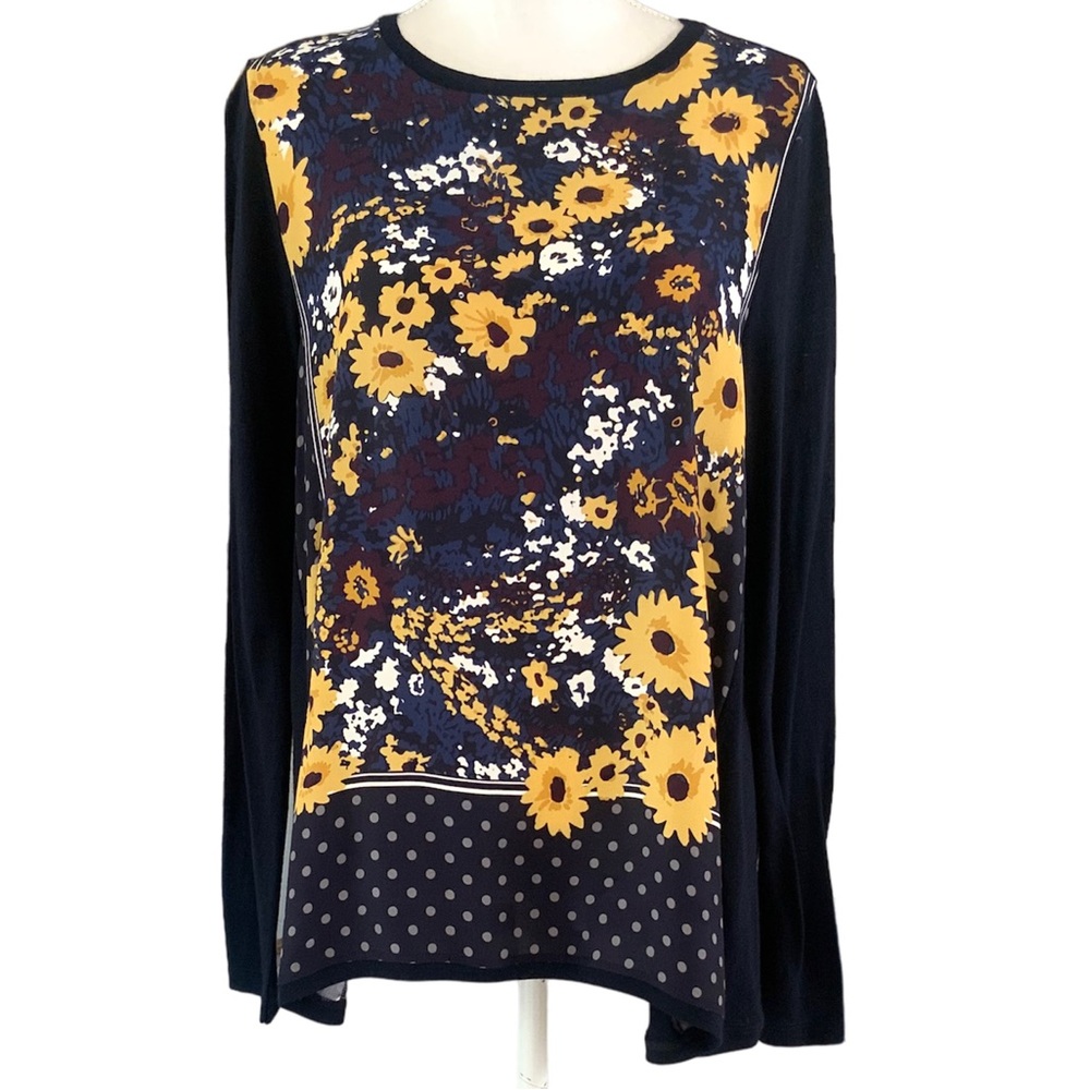 WHYCI Milano Women’s Top Blouse Sz 46 Navy Blue Yellow White Floral Long Sleeve